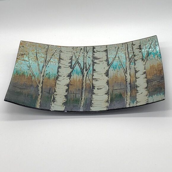 𝅺Reverse Hand Painted Birch Tree Forest Art Glass Console Plate - Picture 11 of 11